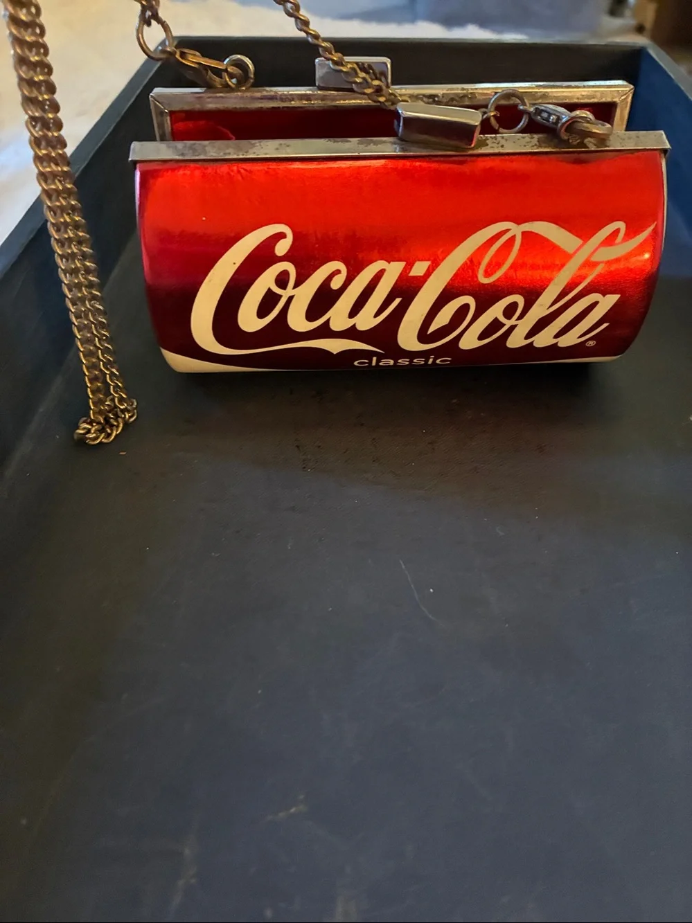 Coca Cola Glossy Red and White Mini Can Purse. With Long chain.